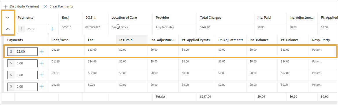 Transaction list of procedures with yellow highlight box around the arrows.